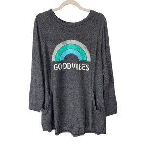 Dolnine Tunic Top Plus Size 20W Good Vibes Long Sleeve Graphic Tee Charcoal NEW